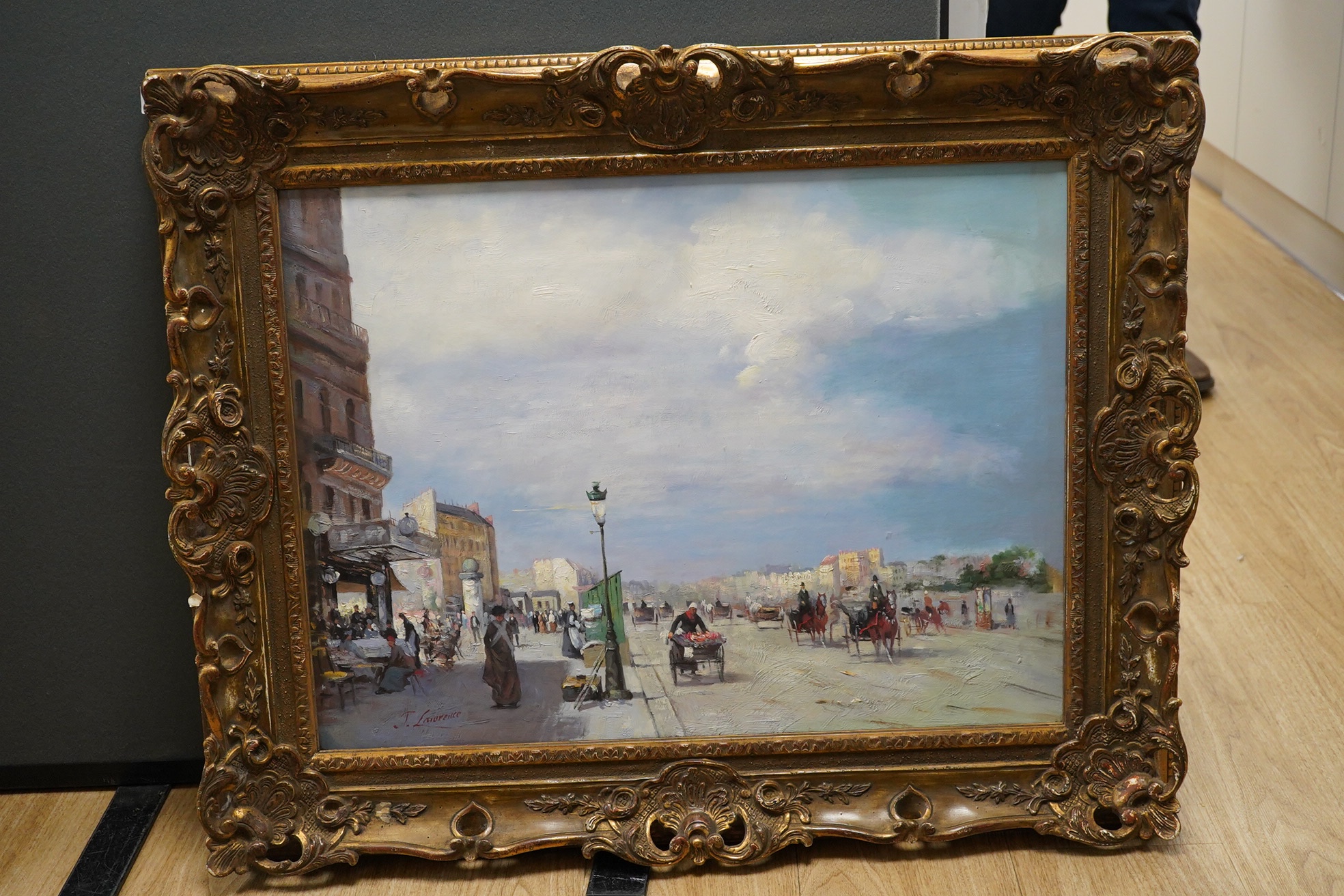 J Lawrence, oil on canvas, Street scene, signed, 47 x 63cm, ornately framed. Condition - good